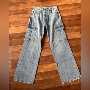 The Farrah Hi-Rise Cargo Denim Forum Relaxed Fit Light Wash Blue Jeans